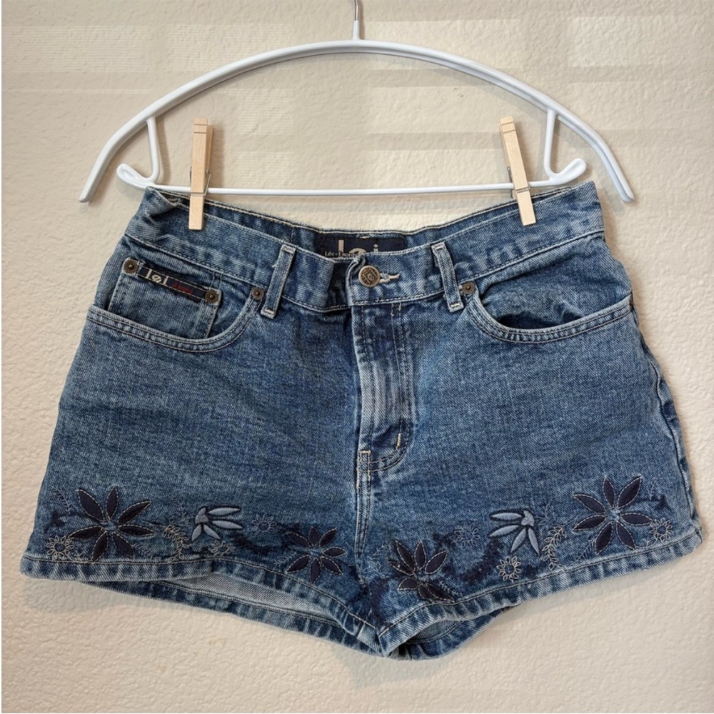 LEI Blue Jean Shorts with Floral Embroidery